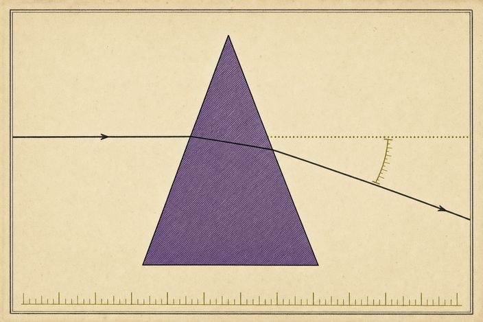 Un raggio rettilineo entra in un prisma triangolare e ne esce deviato verso il basso; la traiettoria che avrebbe avuto senza il prisma continua tratteggiata, e fra le due sta una piccola misura angolare graduata. Una scala di tacche corre lungo il margine inferiore.