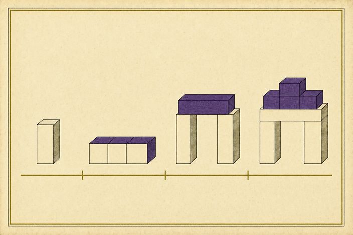 Quattro stati successivi della stessa costruzione allineati su una linea di base: prima un solo blocco, poi tre blocchi affiancati, poi due piedritti con un architrave, infine la forma chiusa con la sommità a gradini. Tacche verticali separano i quattro stati.
