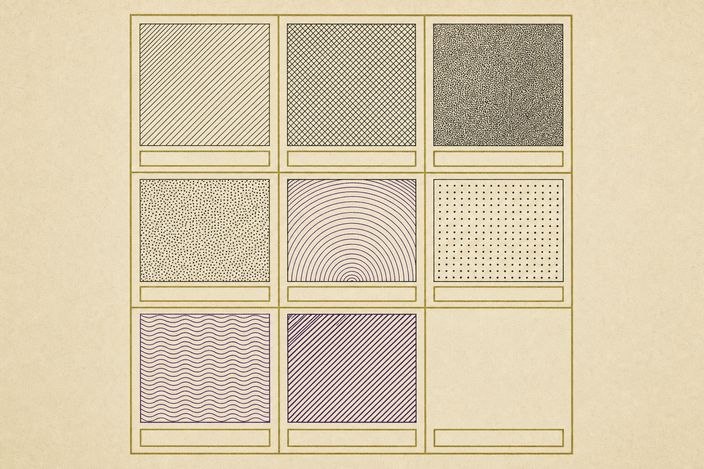 Una tavola di campioni di tratto: nove riquadri quadrati su tre righe e tre colonne, ciascuno con una trama diversa — tratteggio, reticolo, punteggiatura fitta e rada, archi concentrici, file di punti, onde, tratteggio diagonale — e l'ultimo lasciato in carta bianca; sotto ogni riquadro una targhetta vuota.