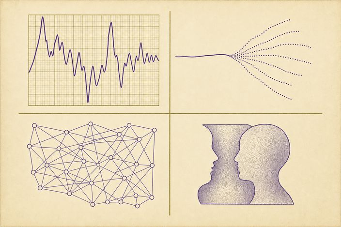 Quattro diagrammi in un blocco di due per due: una curva molto irregolare su carta millimetrata; un percorso continuo che si apre in un ventaglio di rami punteggiati; una maglia di cerchietti uniti da molti collegamenti incrociati; due profili affrontati che insieme formano la sagoma di un vaso.